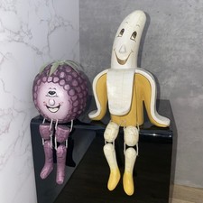 Banana & Grape Wooden Fruit Figures 6" & 3.5" Sitting Shelf Ornaments Rustic Dec