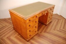 ANTIQUE VICTORIAN GOLDEN OAK TWIN PEDESTAL PARTNERS DESK WITH GREEN LEATHER TOP