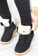 LADIES WOMENS FLAT FUR LINED GRIP SOLE WINTER ARMY COMBAT ANKLE BOOTS SHOES SIZE