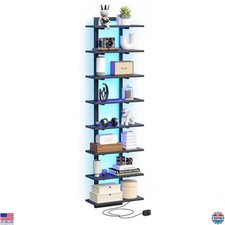 8 Tier Wall Shelf Unit with LED Light, Black Floating Shelf, Vertical Display