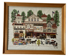 Vintage Original Crewel Embroidery American Victorian Street Scene Framed 1984