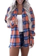 Womens Button Down Flannel Shirts Long Sleeve Plaid Shackets Business7422