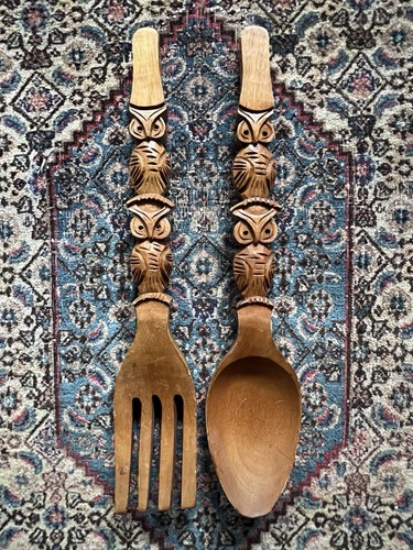 Large carved wooden - fork, spoon