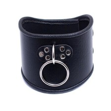 Black Faux Leather Classic Posture Bondage Neck Collar Twin Buckle