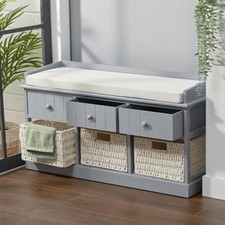 Wood Storage Bench Shoe Cabinet with 3 Drawers Wicker Baskets Cushion Seats Grey