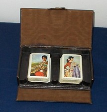LEATHER COVERED BRIDGE SET BOX & 2 FULL PACKS SPANISH MAN & LADY PLAYING CARDS