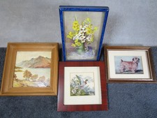 4 Lovely Vintage Framed Miniature Picture, Landscape Duck Norfolk Terrier Flower