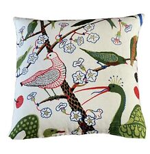 Green Birds Cushion Cover Floral Botanical Printed Linen Fabric Square 16”