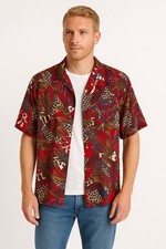 Bowling 100% Silk Shirt XL Red Geometric Abstract Print Short Sleeve Vintage