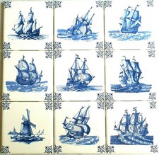 Mariner Ships Blue Delft Designs set of 9 Ceramic Tiles Kiln Fired 4.25"