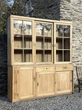 Large Antique Pine Kitchen Glazed Dresser With Sliding Doors