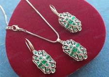 Art Deco Vtg Style Geometric Emerald Green Crystal Drop Earrings Necklace Set