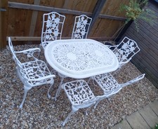 PAINTED VINTAGE CAST METAL ALUMINIUM GARDEN PATIO FURNITURE  TABLE 6 CHAIRS SET