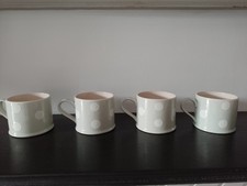 Susie Watson pottery.Set of 4 Duck egg and white spot straight MUGS. 7.5cm high.