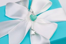 Tiffany & Co. Key Necklace Blue Enamel Heart Key Pendant in Sterling Silver with