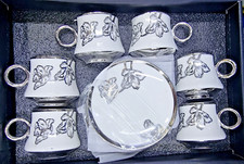 Turkish Arabic Tea Set Of 6 Cups & Saucer White Silver Gift