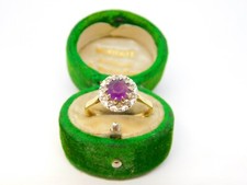 18ct Yellow Gold, Amethyst & Diamond Floral Cluster Ring Vintage 1983 London