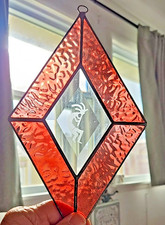 Etched Kokopelli Diamond-Shape Beveled stained Glass Window Suncatcher red