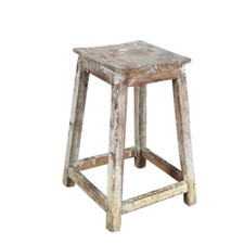 Vintage Whitewashed Teak Indian Stool Rustic Plant Stand Pot Table 30x43cm