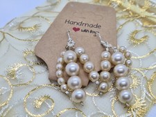 Hand Made Ladies Imitation Pearl Bead 3 Strand Drop Earrings With Gift Bag