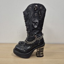 New Rock M.8304 Skull Flames Chunky Heel Black Mid Calf Goth Boots Uk 6 Eu 39