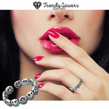 Smiley Face Cute Polished 925 Sterling Silver Punk Hip Hop Adjustable Ring Women