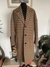Zara Man Brown Wool Mix Checked Plaid Long Coat Jacket Mens Size Small Oversized