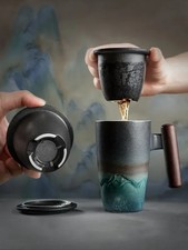 Handmade Retro Ceramic Wooden Handle Coffee Mugs Tea Cups Latte Cups Hot Drinks