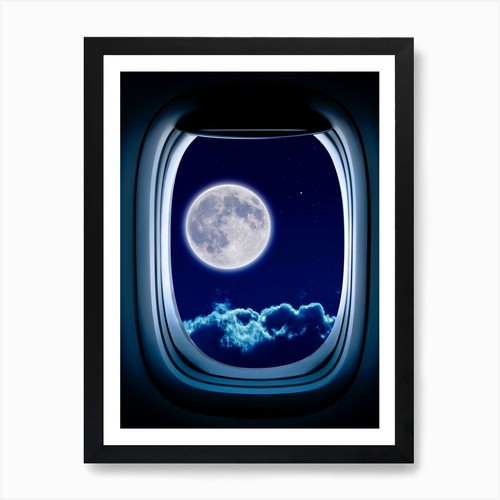 Airplane window with - , moon