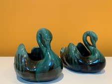 Set of 2 Vintage Blue Mountain Pottery Swan Planter Drip Glaze