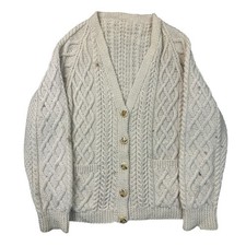 Vintage Aran Hand Knit Cardigan 100% Wool Fishermans Beige Cream Womens Large