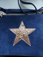 ladies handbags cross body navy blue faux suede with gold glitter star motif
