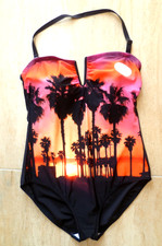 LADIES BHS BNWOT SIZE 20 BLACK RED ORANGE & YELLOW PADDED BANDEAU SWIMSUIT