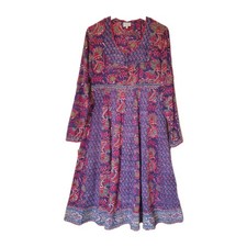 Cotton ANOKHI East Floral Block Printed Indian Midi Dress 10 s boho hippy arty