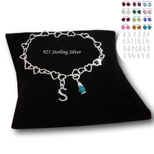 925 Sterling Silver Bracelet with Letter Charm & Birthstone for Women or Girls