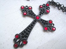 BIG BLACK CROSS RED RHINESTONE 30" Necklace Gothic HALLOWEEN MADONNA Fancy Dress