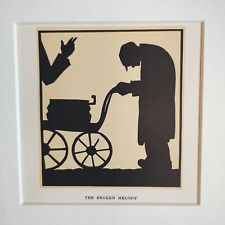 Antique Miniature Silhouette Print in Mount c1925 Elderly Gentleman & Handcart
