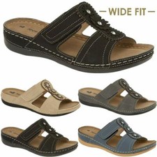 Ladies Womens Wide Fit Low Wedge Comfort Summer Holiday Cushion Sandals Shoes