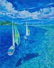 Sailing Boat Coast Painting Original Art Impasto Oil Canvas 20x 16 inch