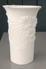 Kaiser Germany Bisque Porcelain Vase, White Matte Relief Floral Design, 19 cm