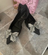 Carvela Regal Bow Flat Black Satin Shoes Size 39