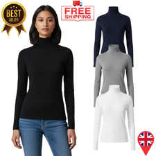 Ladies Long Sleeve High Neck Polo Turtle Roll Jumper Top Slim Fit Sizes 4-22