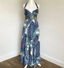 Monsoon Petite dress 10 silk maxi paisley occasion lined halter turquoise blue