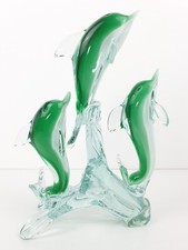 Murano Style Glass 3 Green Dolphins on Water Waves Hand Blown Sculpture