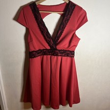 Lipsy Plunge Skater Dress 14 Coral Red /Pink Black Lace Fit Flare Cap Sleeve