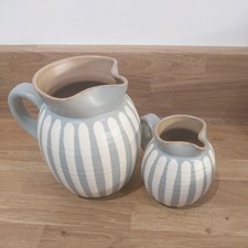 Pair Vintage Prinknash Pottery Jugs, Blue With White/Cream Stripes