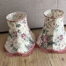 Pair Vintage Fabric Scalloped Lampshade Old Rose Print Cottage pink Fringed Edge