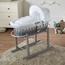 Baby Moses Basket With Stand White Waffle Bedding and Mattress Grey Wicker