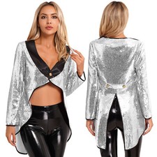 UK Womens Magician Costume Cosplay Fancy Dress Tailcoat Sequin One Button Jacket