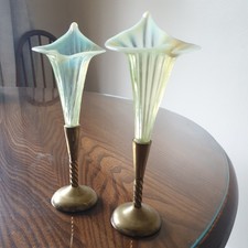 Pair of Vintage Iridescent Green Jack In The Pulpit Vases Glass/brass base
